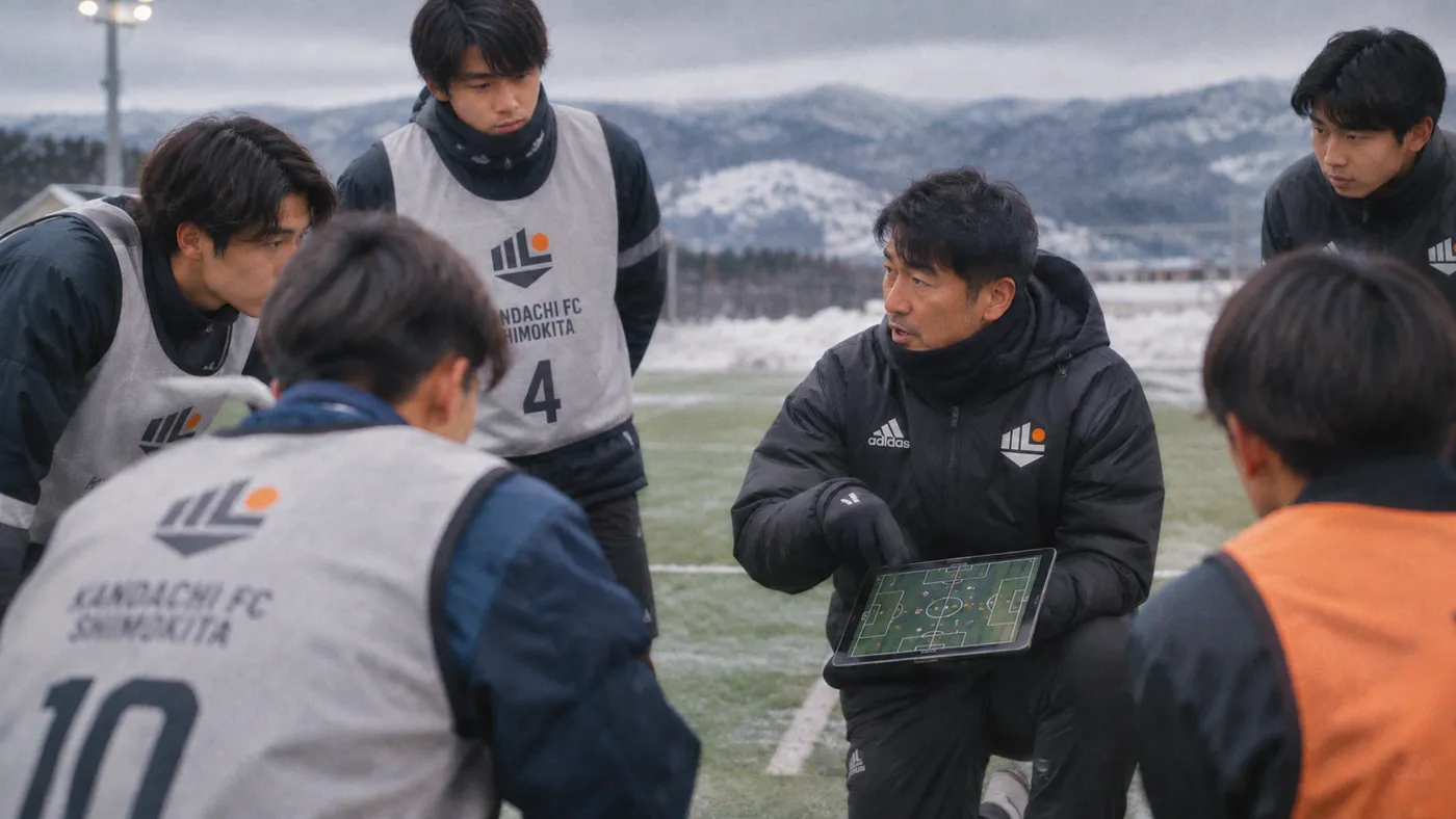 教練在雪地場邊用 iPad 講解戰術